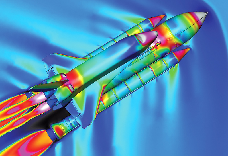 Space Shuttle, boosters, and external tank with air flows rendered by computational fluid dynamics software