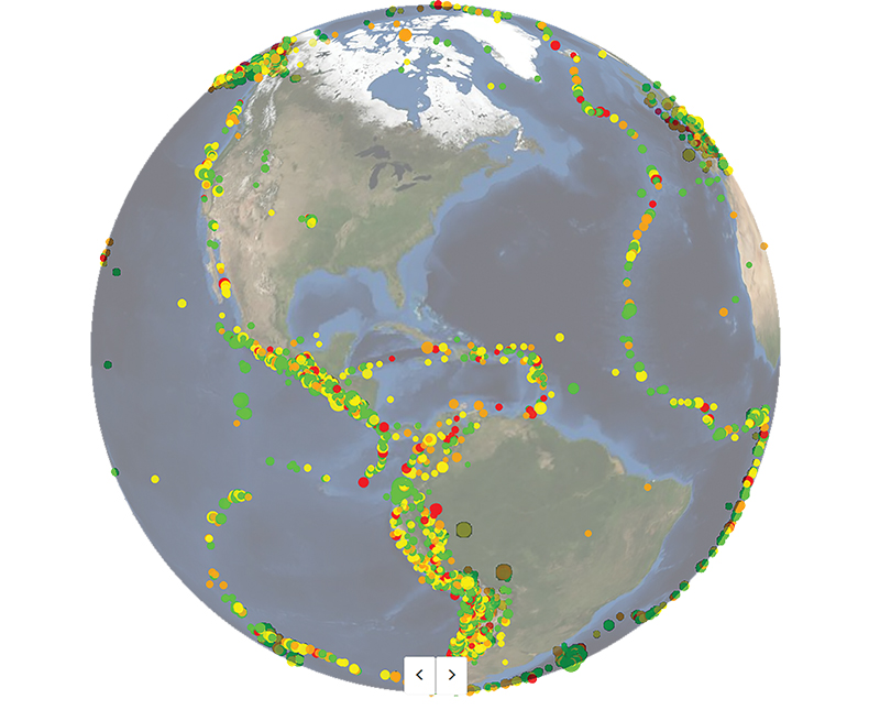 Visualization of about year’s worth of earthquakes in the Western Hemisphere