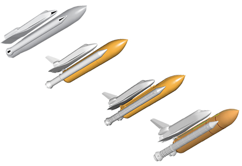 Progressive renderings of the Space Shuttle, external fuel tanks, and boosters showing increased level of detail