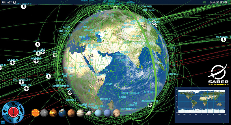 Visualization of the paths of many satellites orbiting Earth