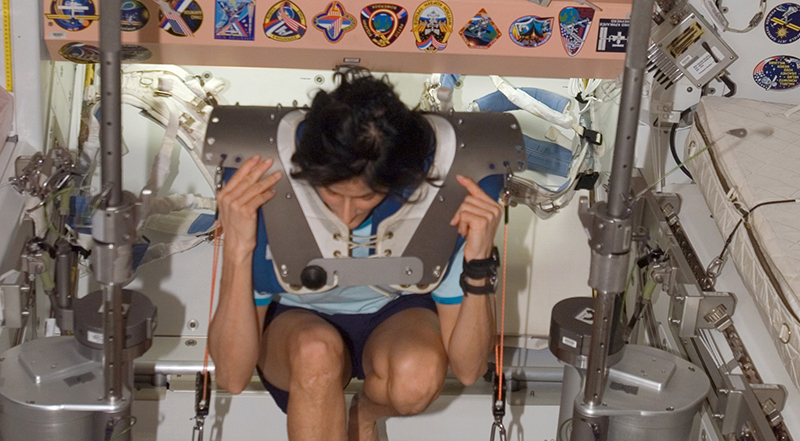 Astronaut Sunita Williams uses the Interim Resistive Exercise Device on the space station