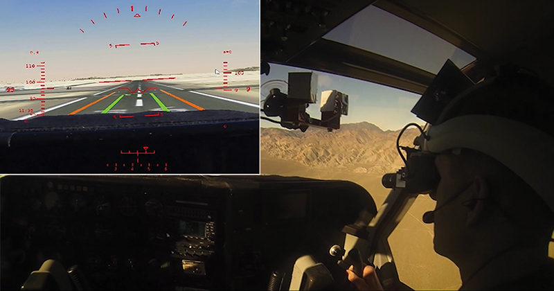 Pilot flies over mountains with a virtual runway superimposed