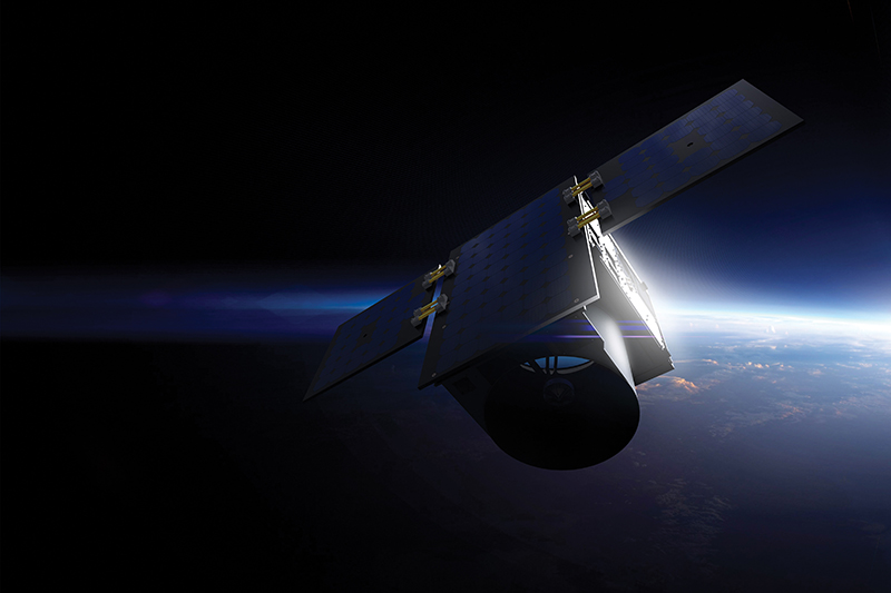Millennium Space Systems’ artistic rendering of a smallsat with solar panels extended orbiting Earth