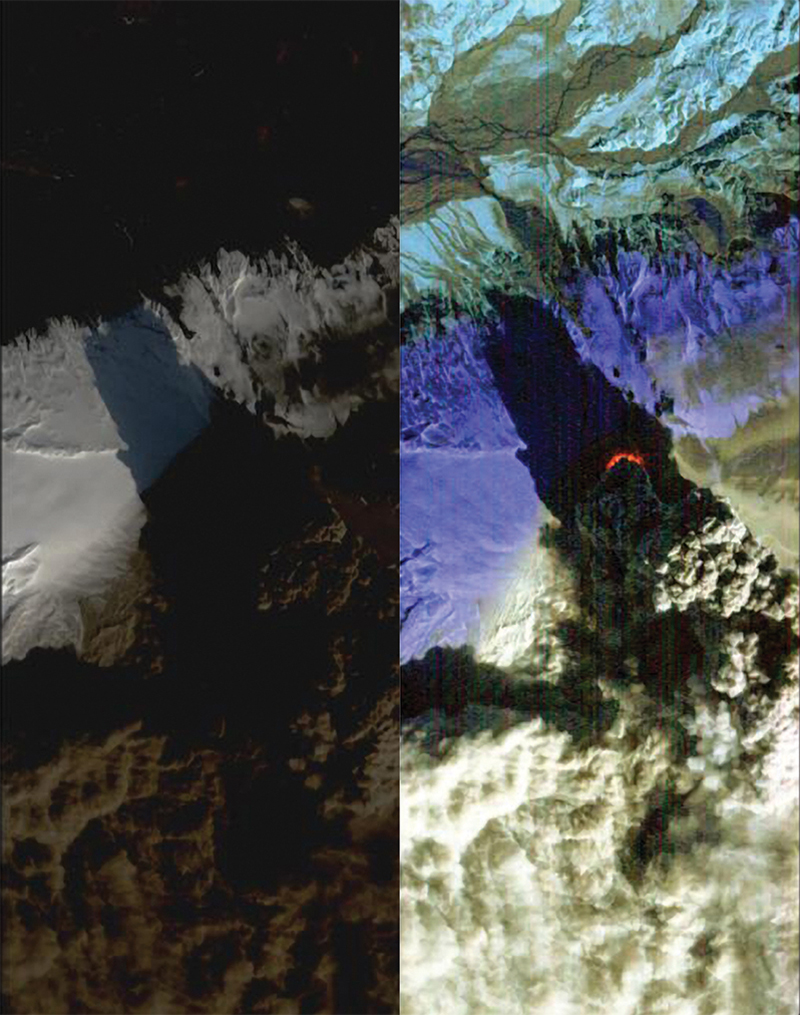Two images of Iceland’s Eyjafjallajokull volcano: The left-hand image was created with visible wavelengths; the right-hand picture is an infrared image