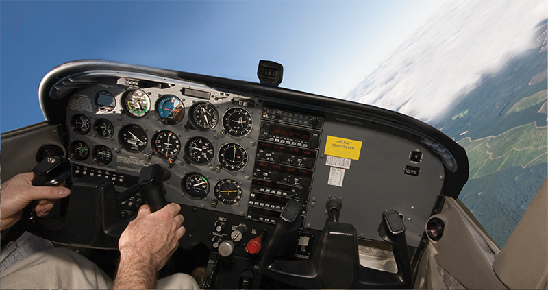 The instrument panel of an airplane in flight