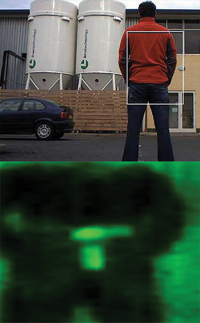 A terahertz image reveals a gun outlined under a man’s jacket