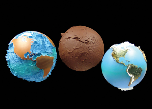 Two different Earth raised relief globes and one Mars raised relief globe