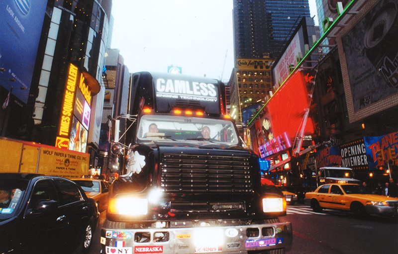 A camless truck passes through Times Square