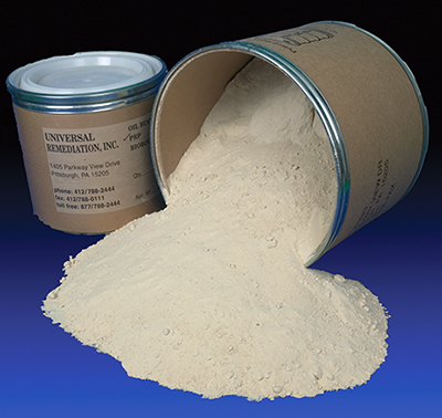 Petroleum Remediation Product in powder form spilling from a container