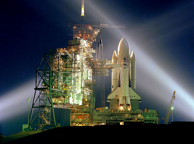 Space Shuttle Columbia on the launch pad before the first ever shuttle launch