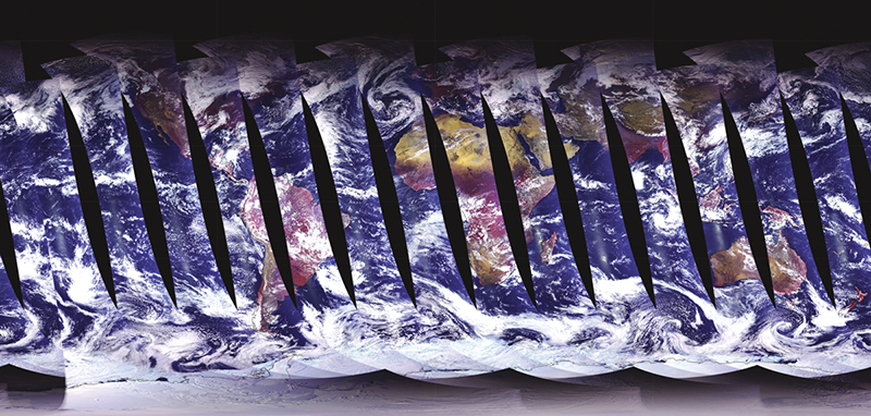 A stretched image of the Earth with slivers representing gaps in scientific data