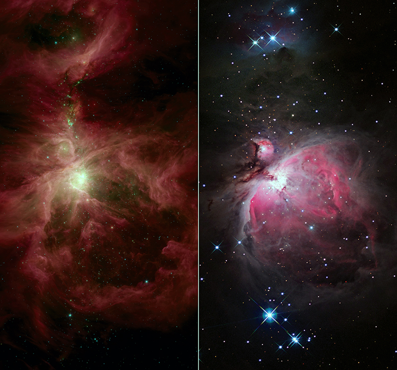 Orion nebula images compare an infrared view taken by the Spitzer Space Telescope (left), revealing bright clouds and developing stars, with a darker, dust-obscured, visible light view.