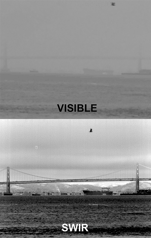 San Francisco Bay image in fog (top) and (bottom) SWIR image revealing detail