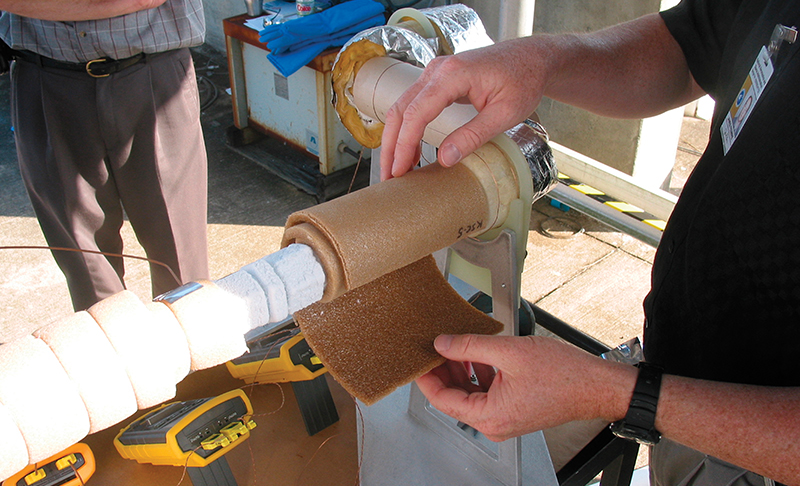 Polymide foam being applied to a pipe