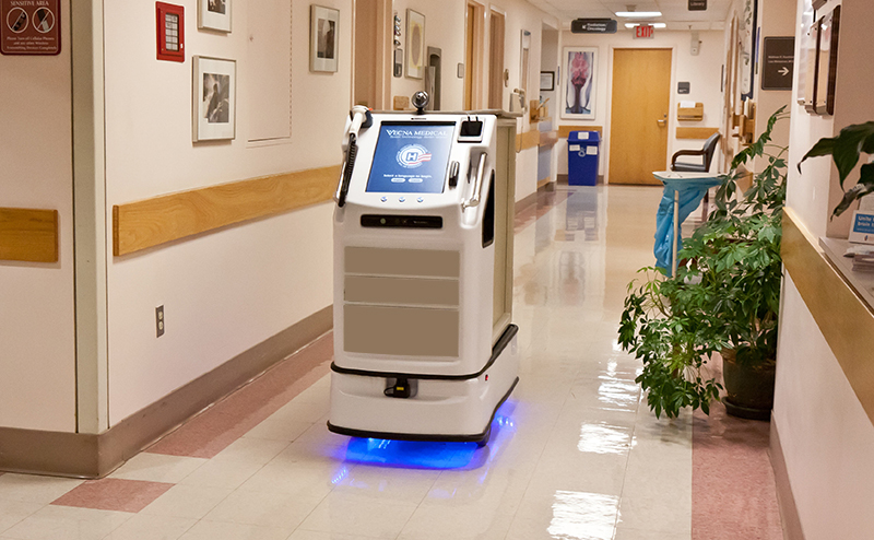QC Bot traveling down a hospital hallway