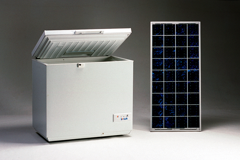 SunDanzer chest-type solar refrigerator with solar panel