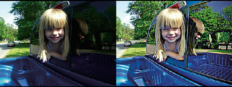 An image or a little girl in a car, before and after it was enhanced using Photoflair