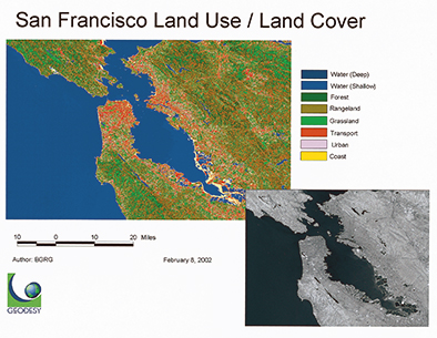 From a satellite image of San Francisco, GEODESY is able to map water depth, terrain, and transportation routes