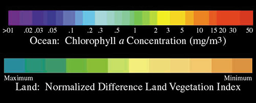 color chart for Ocean Chlorophyl concentration and Land vegetation index