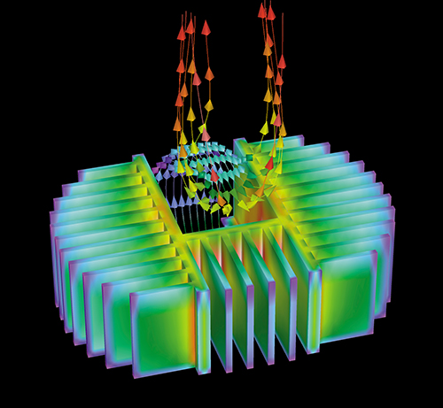 A three-dimensional representation of an electronic components thermofluid environment