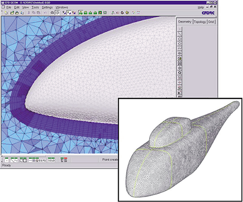 Screen shot of CFD-GEOM 3-D mesh-generation tool, with a 3-D model overlay