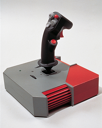 Gray and red joystick with base