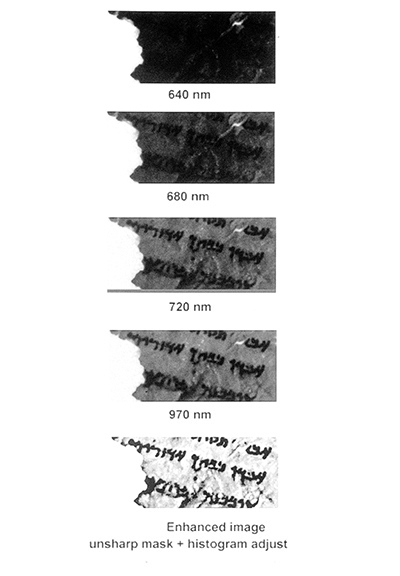 Several images show the progressive enhancement of text from the Dead Sea Scrolls