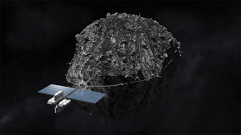 Rendering of a “harvester” spacecraft tethered to an asteroid 