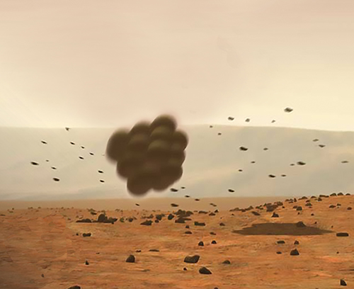An artist’s rendering of a vehicle, encased in airbags, landing on Mars