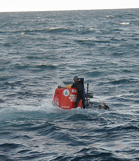 The submergence vehicle Alvin as it is about to dive to the bottom of the ocean
