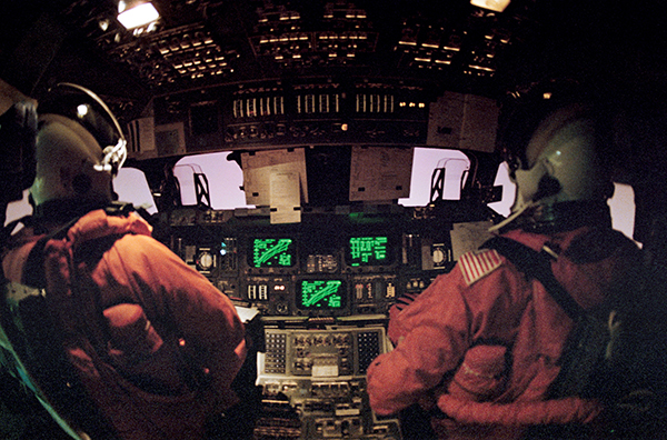 cabin view of the space shuttle during STS-42 reentry 