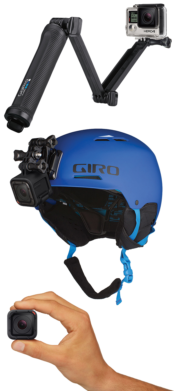 GoPro camera on mount, helmet and hand held