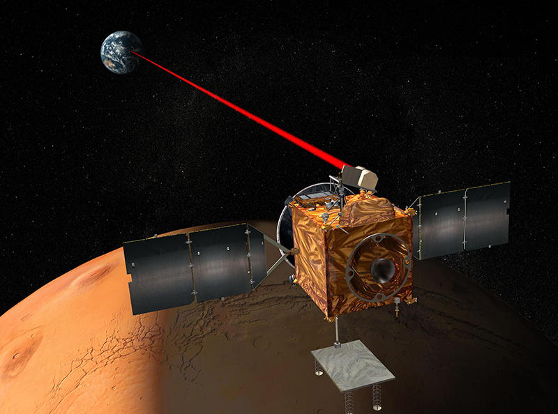 Artist's concept of a satellite sending a laser beam to earth