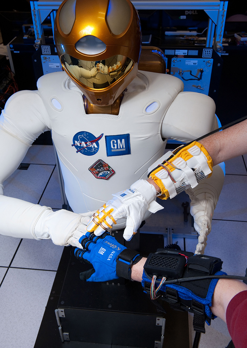 Robonaut 2 with NASA and GM's robotic gloves in foreground