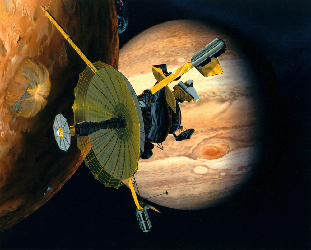 Artist's rendering of NASA's Galileo spacecraft flying past Jupiter's moon Io