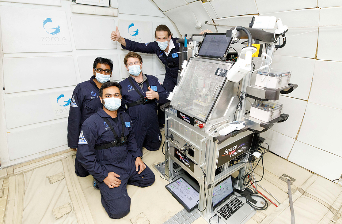Space Foundry’s Ram Prasad Gandhiraman, Dennis Nordlund, and senior engineers Pranay Doshi and Daniel Gutierrez testing the company’s plasma 3D printing technology on a NASA-funded parabolic flight