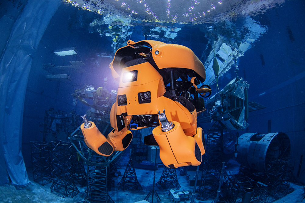 Aquanaut during testing in the giant pool at Johnson Space Center's Neutral Buoyancy Lab