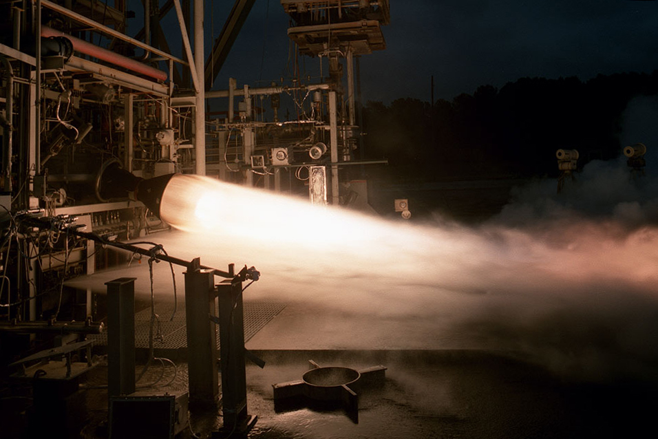 A Fastrac engine undergoes testing at Marshall Space Flight Center