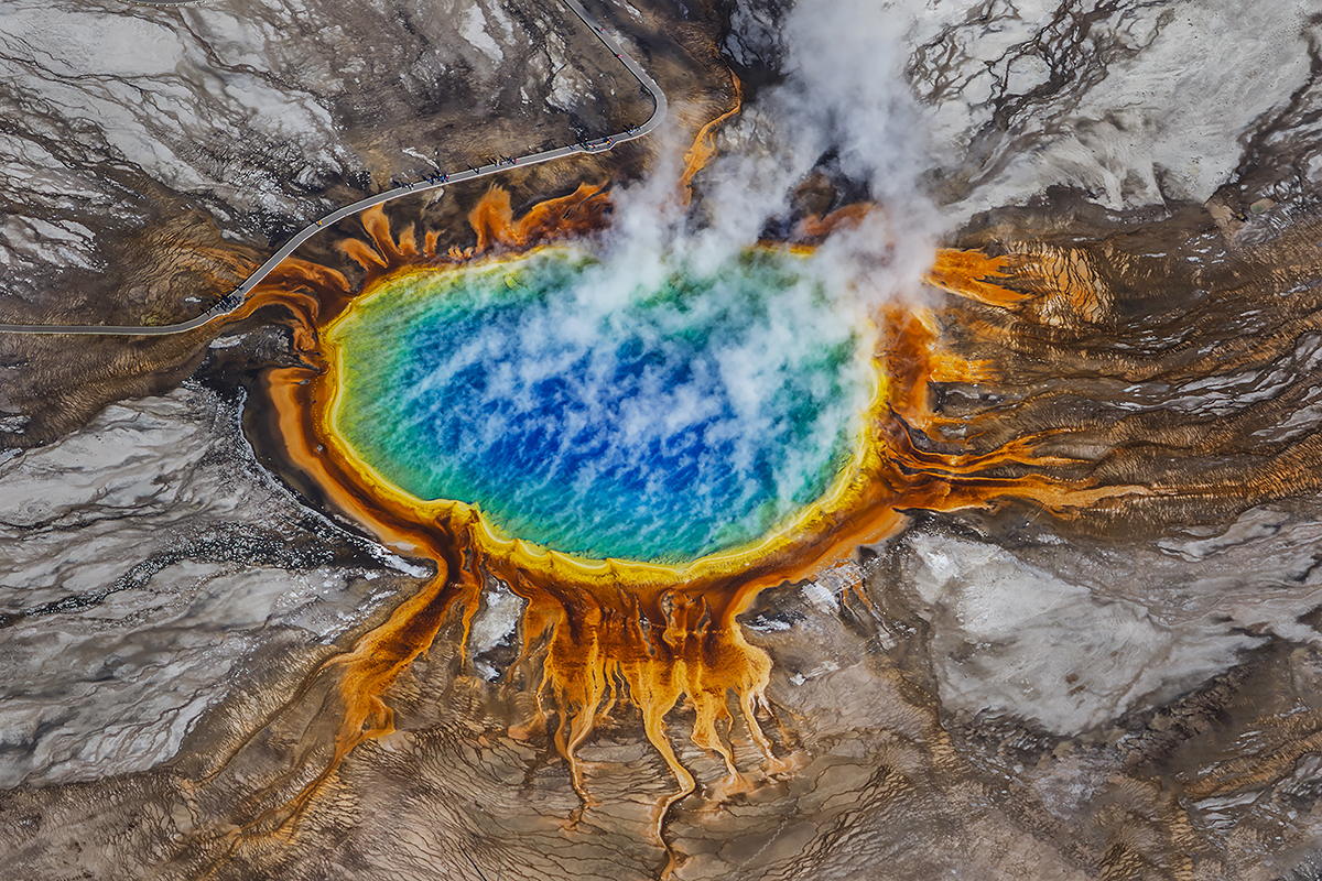 An aerial view of the incredible Grand Prismatic Spring in Wyoming's Yellowstone National Park