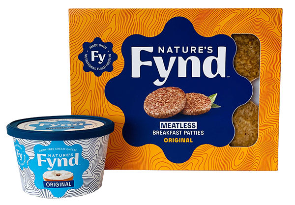 Nature’s Fynd meat-alternative breakfast patties and dairy-free “cream cheese” in their retail packaging