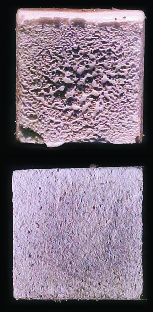 Two ceramic tiles – one treated with an early version of Emissield and one untreated – were subjected to an oxyacetylene torch. The untreated tile, top, started beading after 30 seconds, while the one with the paper-thin layer of protection showed little damage after two minutes