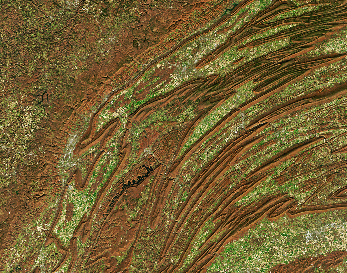 A natural-color image of mountains of central Pennsylvania taken by Landsat 8