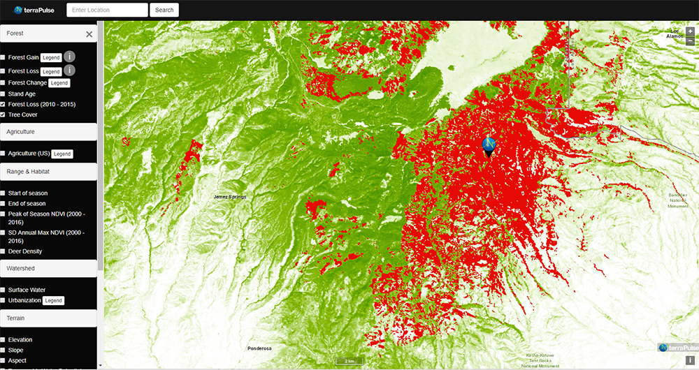 This map created by terraPulse of the northern part of the 2022 wildfires in New Mexico, shows the tree loss (red) that occurred between from 2010 to 2015 against the remaining tree canopy (green).
