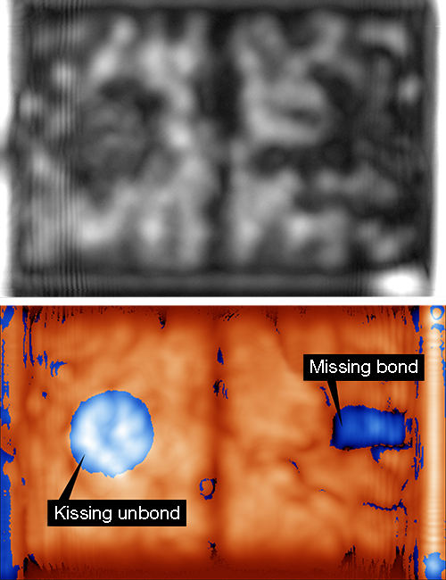 A raw ultrasonic scan of a block of Avcoat (top). Defects like a missing bond and a “kissing unbond” – a spot where the surfaces meet but aren’t bonded to each other (bottom)