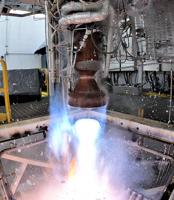 One of Relativity Space’s 3D-printed rocket engines undergoes hot fire testing on Stennis Space Center’s E4A test stand