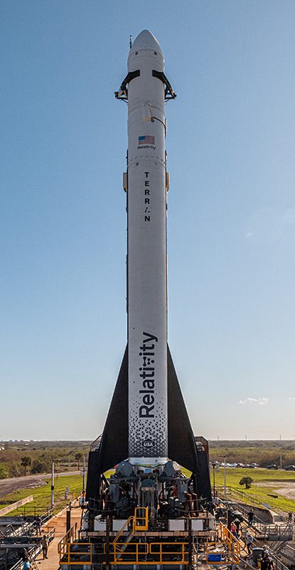 Relativity Space’s Terran 1 rocket sits on the Launch Complex 16 launch pad at Kennedy Space Center