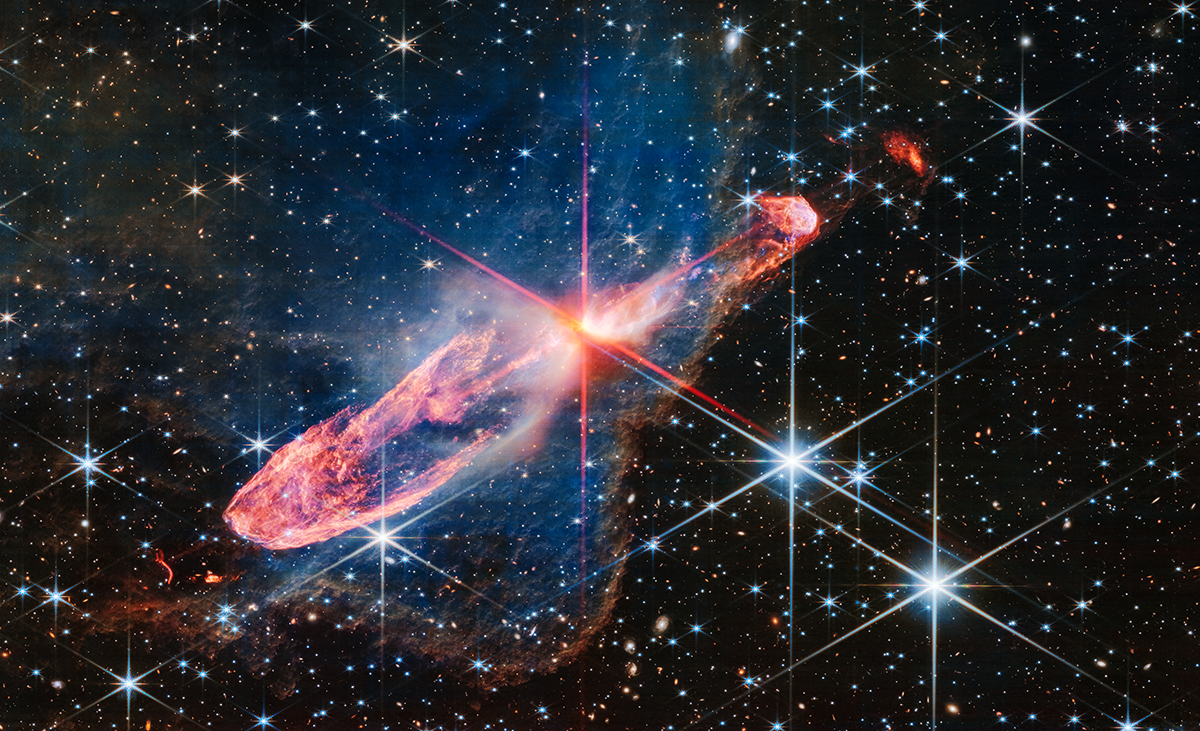 A tightly bound pair of actively forming stars, known as Herbig-Haro 46/47, are captured in high-resolution near-infrared light by the James Webb Space Telescope