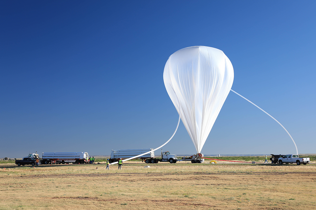 A scientific balloon launching from NASA’s Columbia Scientific Balloon Facility in Fort Sumner, New Mexico, in 2019