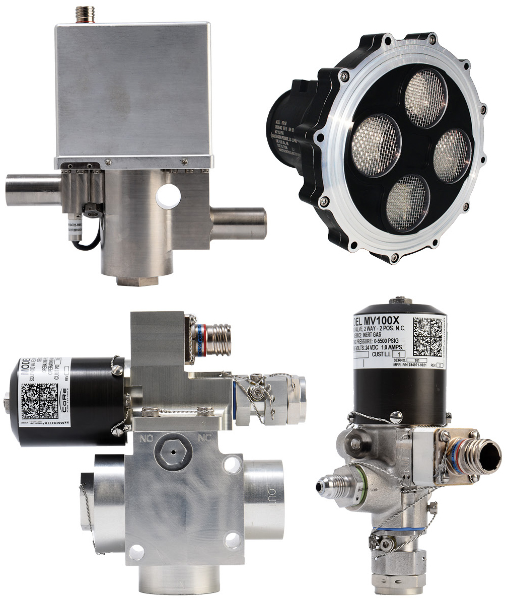 Four Marotta Controls valves from top left: The MFV400 electronic pressure regulator is now on a commercial lunar lander. The PRV15B negative pressure relief valve prevents capsules from being crushed on atmospheric reentry. The MV100X is used in small thrusters to adjust spacecraft orientation. And the MV524 controls flows from pressurized tanks.