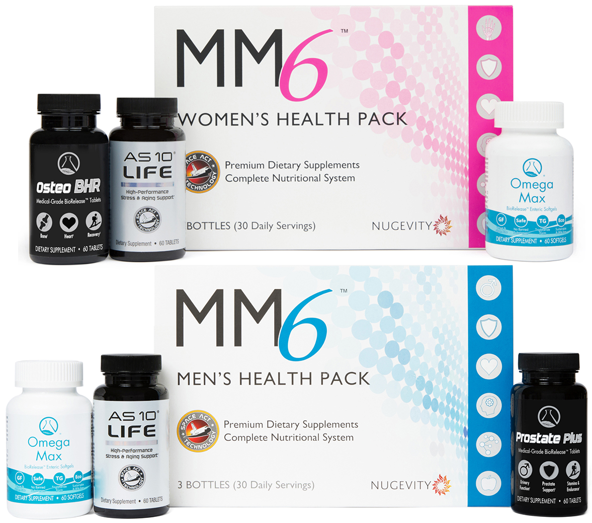 Nugevity Women's and Men's Health Packs and various bottled supplements